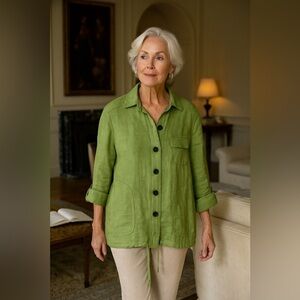 Coldwater Creek 100% Linen Longline Shirt Jacket Size XS (4) Green Button Front